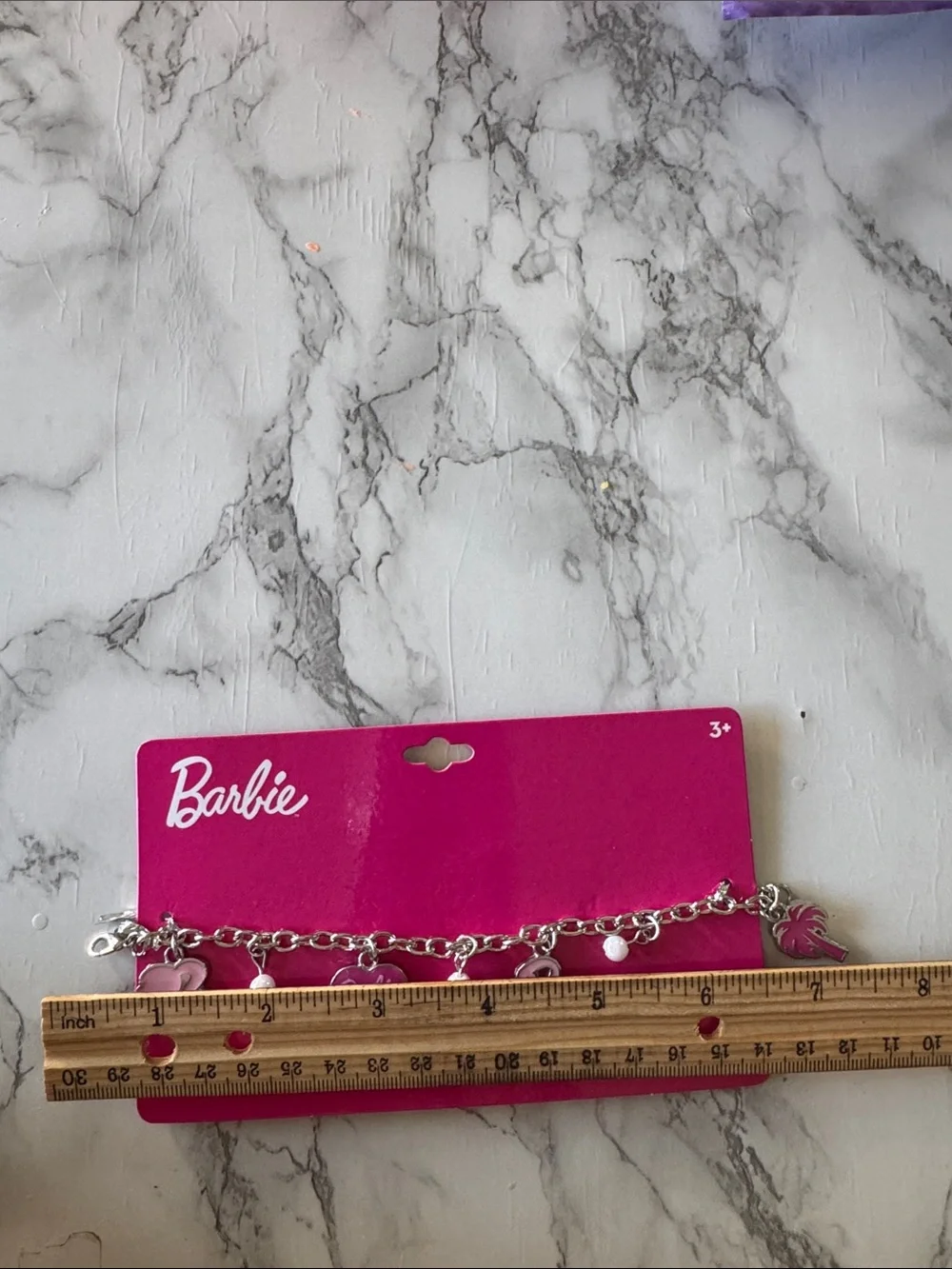 Silver-tone Barbie Theme Charm Bracelet 4 Pink Charms & 3 Bead Charms New